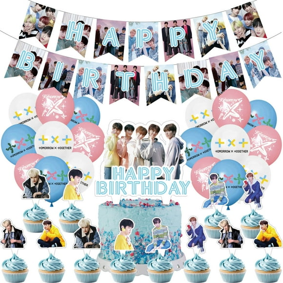 32 Pcs For Kpop Theme For TXT Cartoon Birthday Decorations Party and Favors Essentials - Includes Banner, Cake Topper, 12 Cupcake Toppers, and 18 Balloons for Party Supply Set