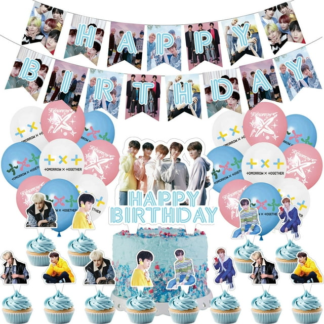 32 Pcs For Kpop Theme For TXT Cartoon Birthday Decorations Party and Favors Essentials - Includes Banner, Cake Topper, 12 Cupcake Toppers, and 18 Balloons for Party Supply Set