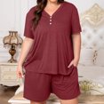 thumbnail image 6 of Domzest Womens Plus Size Short Pajama Sets V Neck Button Up Top & Drawstring Elastic Waist Shorts with Pockets 2026 Summer Loose Fit Sleepwear Sets Wine L, 6 of 7