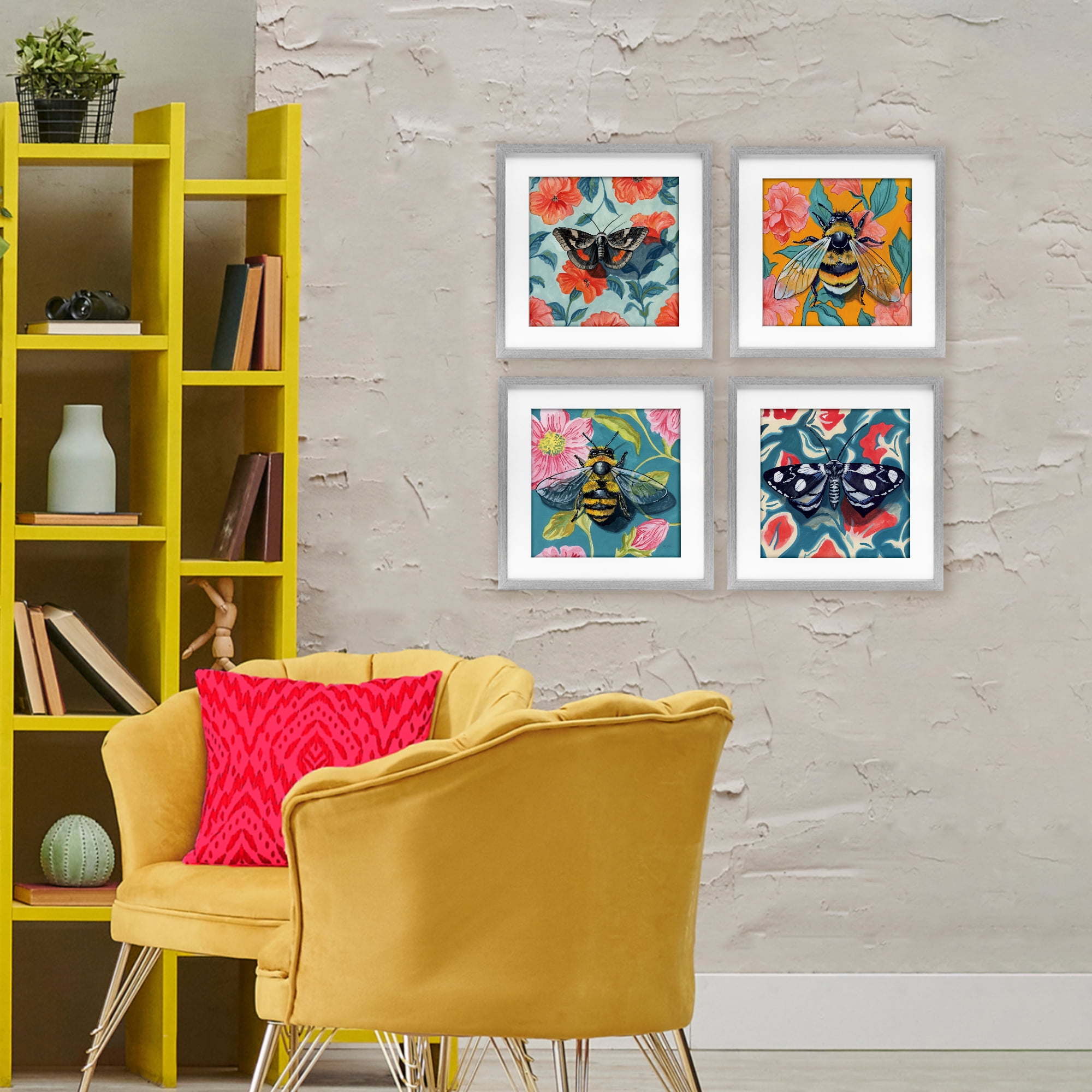 Stupell Industries Insects on Flower Patterns 4 Piece Gray Framed Print Under Glass Set, design by Kate Jarvik Birch
