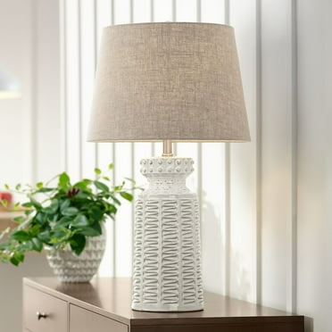 360 Lighting Helene Country Cottage Table Lamp 26" High Cream White Glaze Linen Tan Drum Shade for Bedroom Living Room Bedside Nightstand Office House