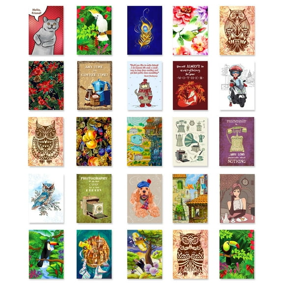 ILLUSTRATIONS postcard set of 50 postcards. Variety pack of fifty post cards, each depicting an illustration. Made in USA.