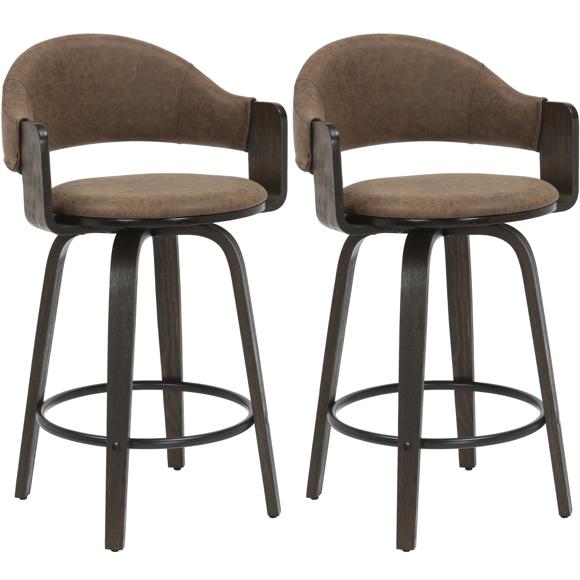 Daxton 36 in. H Swivel Counter Height Vintage Dark Brown Round Back Wood Bar Stool with Faux Leather Seat Set of 2