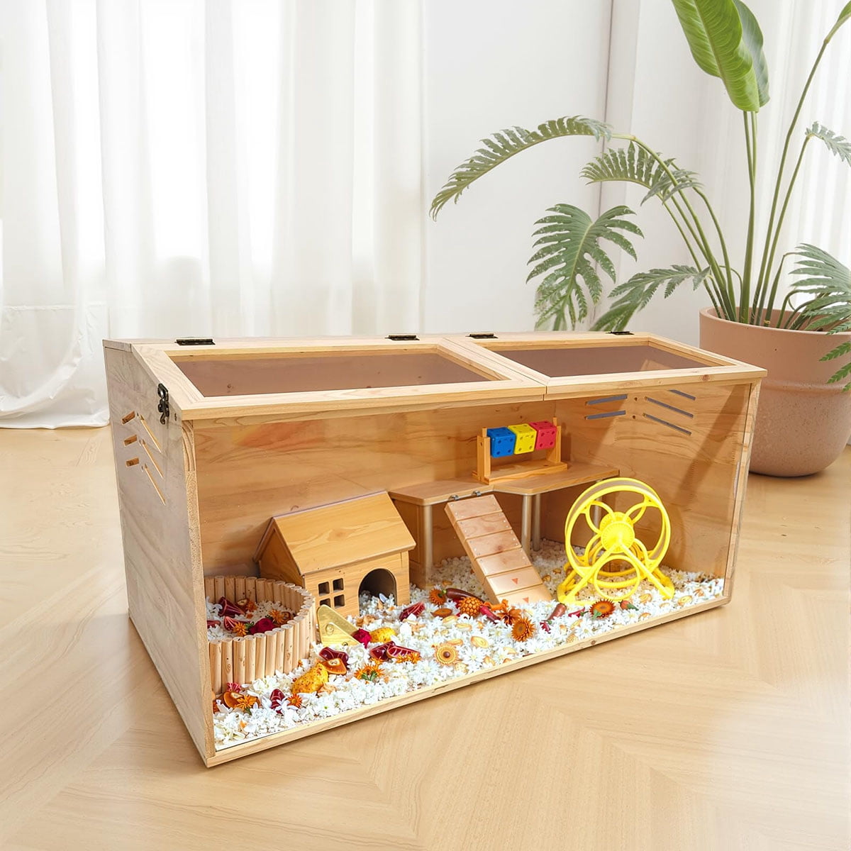 Ataucjin Wooden Hamster Cage, Natural Wooden Hamster Habitat With Openable Top And Large Acrylic Sheets, Chewproof Hamster Habitat Animal Cabinet For Dwarf Hamsters Degus