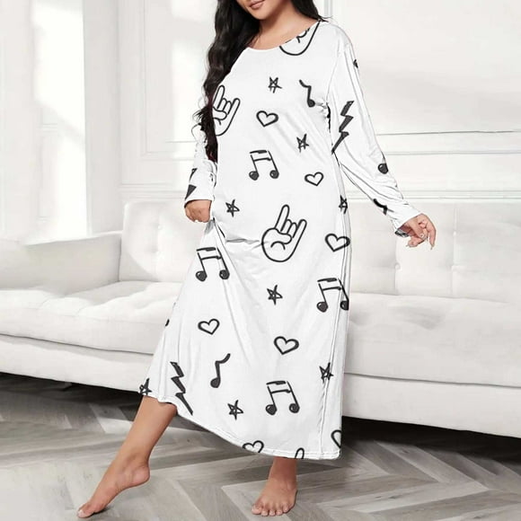Kelon Women Nightgowns & Sleepshirts Clearance Women Polyester Spandex Dresses Plus Size Casual Sleep Dress Women's Plus Heart Print Long Sleeve Round Neck Medium Stretch Loose Nightdress