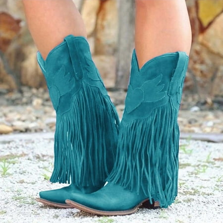 

Midewhik Women s Leather Toe Tassel Low-heeled Shoes Western Ankle Cowboy Boots
