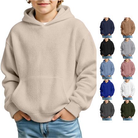 WhouRiu Boys Knit Textured Hoodies Kids Solid Color Long Sleeve Hooded Pullover Autumn Winter Cute Cozy Casual Sweatshirts With Pockets 13-14 Years