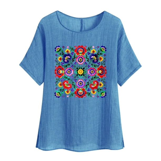 Camiseta de Mujer Camiseta de Manga Corta Impresión Casual Raglan Suelto de Lino Top Blusas, Cuello de la Tripulación