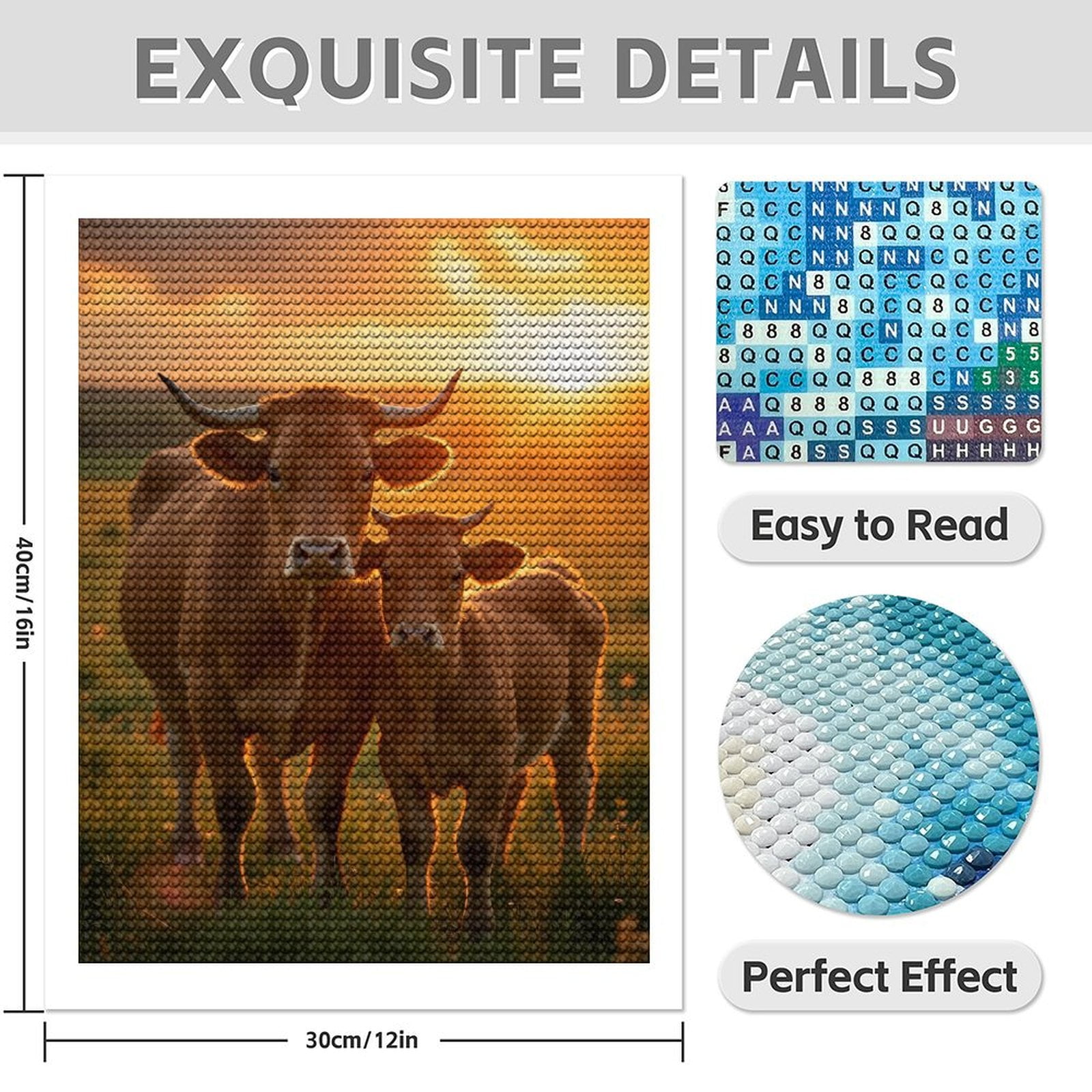 Diamond Art Kit for Adults, Sunset Pasture Cows Family Diamond Painting for Adults Beginners, DIY Diamond Art Painting Kits, 5D Diamond Painting Crafts for Home Decor 12x16 Frameless