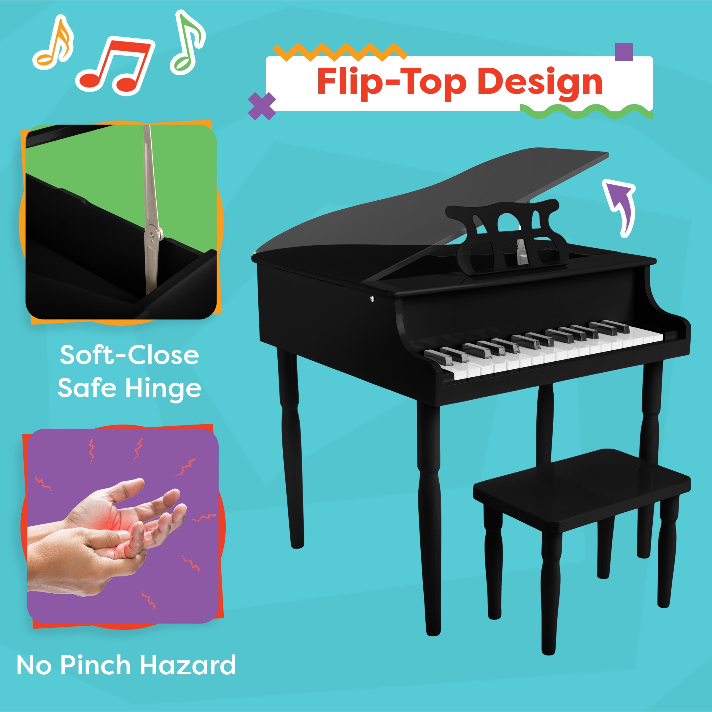Hey Play Kids Piano - 30 Key Mini Grand Piano with Music Stand and Bench