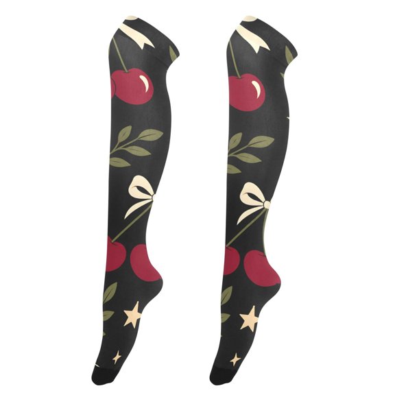 Black Background Cherry High Thigh Socks Over Knee Thin Tights Long Stocking for Women Leg Warmer
