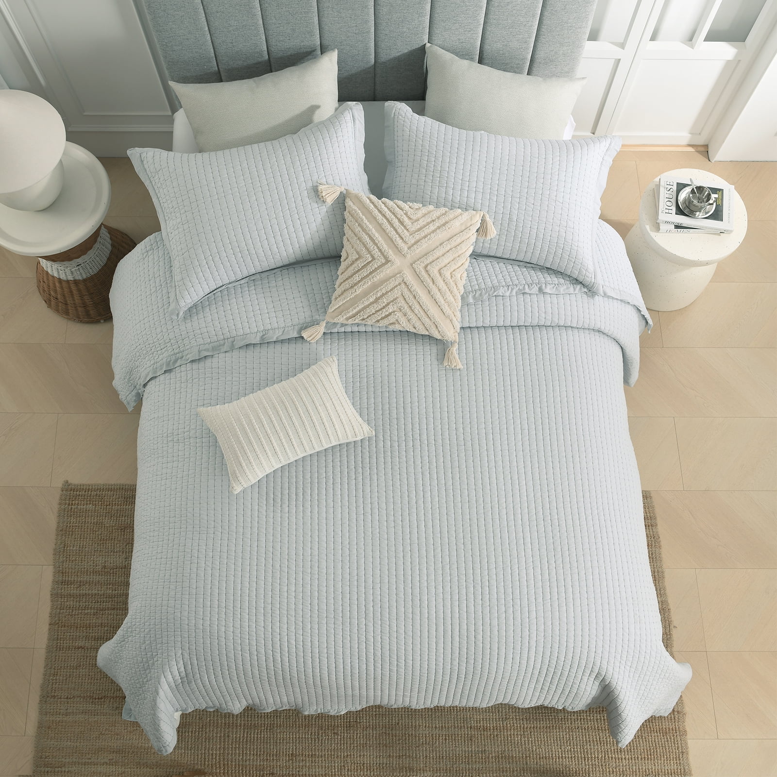DDUOXIN Gray Queen Size Quilt - 100% Cotton Solid Color Chic Stylish Elegant Quilt Bedspread for Queen Bed, Lightweight Pick-Stitch Handcrafted Queen Coverlet Bedding Set with 2 Pillow Shams, 3-Piece