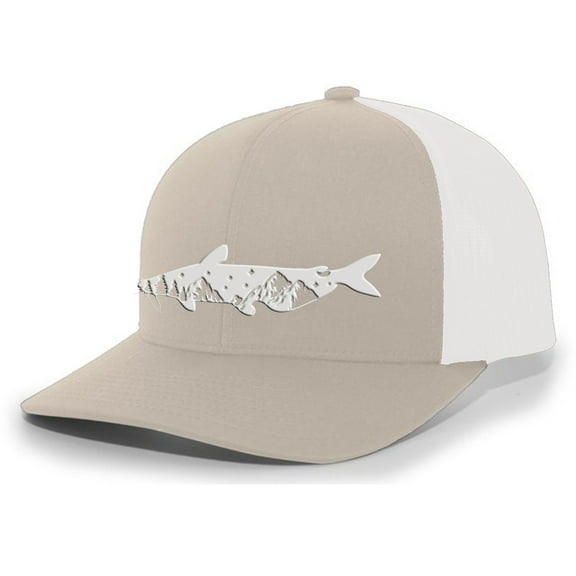 Heritage Pride Freshwater Fish Forest Mountain Scenic Catfish Mens Embroidered Mesh Back Trucker Hat, Khaki/White