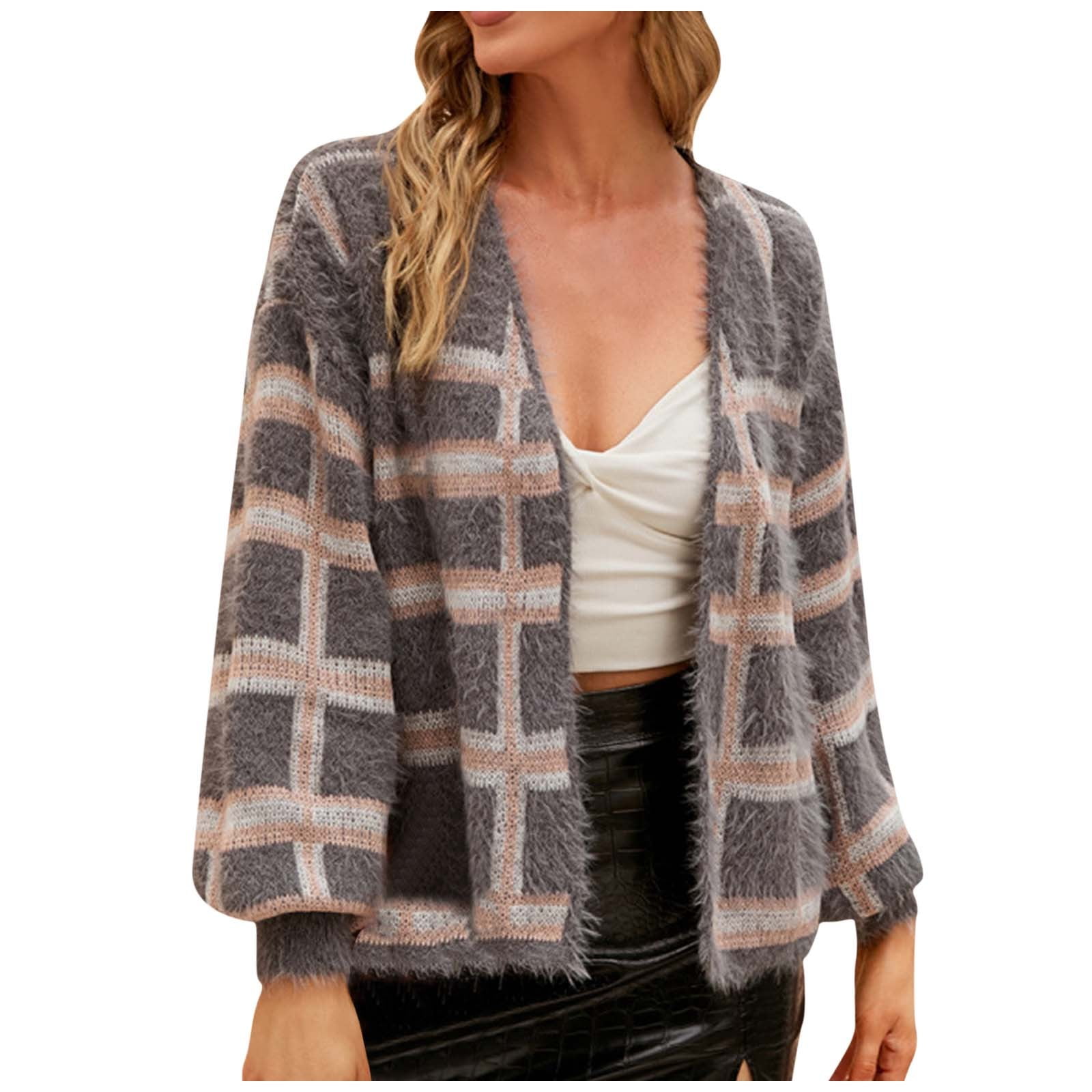 Dezsed Women's V- Neck Check Cardigan Mohair Knitting Sweater Long Sleeve  Tops