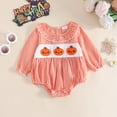 thumbnail image 2 of Bigetiay Baby Girl Halloween Outfit Long Sleeve Bodysuit Pumpkin Embroidery Lace Trim Outfit, Size 0-3 Months, 2 of 9