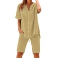 thumbnail image 2 of GILIGEGE Linen Sets for Women 2 Piece Summer Women's Solid Color Fashion Casual Cotton Linen Pocket Long Sleeve Shirt Short Jacket Suit Lounge Beach Vacation Two Piece Outfits Tracksuits Beige L, 2 of 8