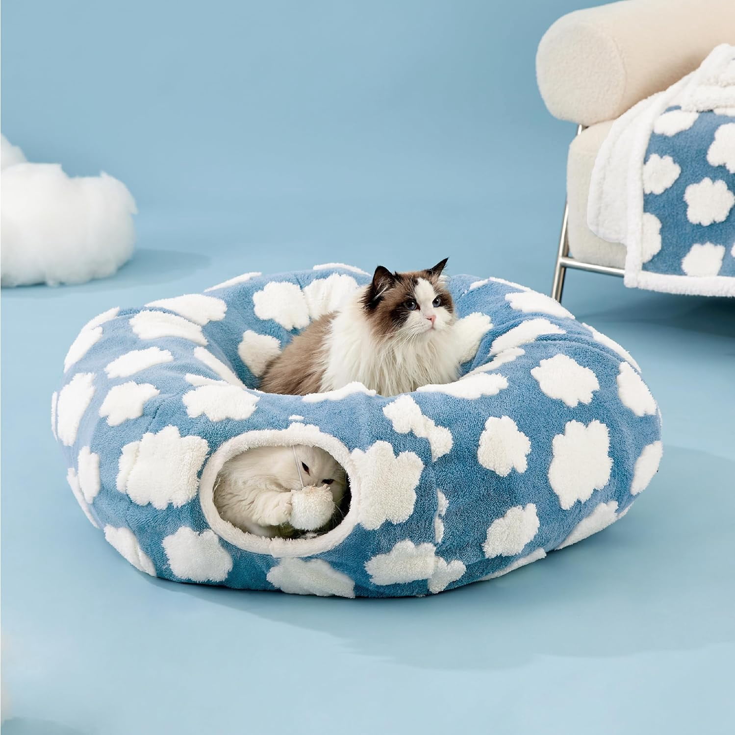 Cat Tunnel Bed for Indoor, Soft Plush Cat Donut Tunnel with Circle Mat, for Kitten Puppy Rabbit, Blue