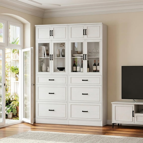 Homieasy 2-Pack 80" Tall Kitchen Pantry Storage Cabinets with Glass Doors, Adjustable Shelves & 3 Drawers - Versatile White Storage Cupboards for Kitchen, Dining, Living Room & Bathroom,White