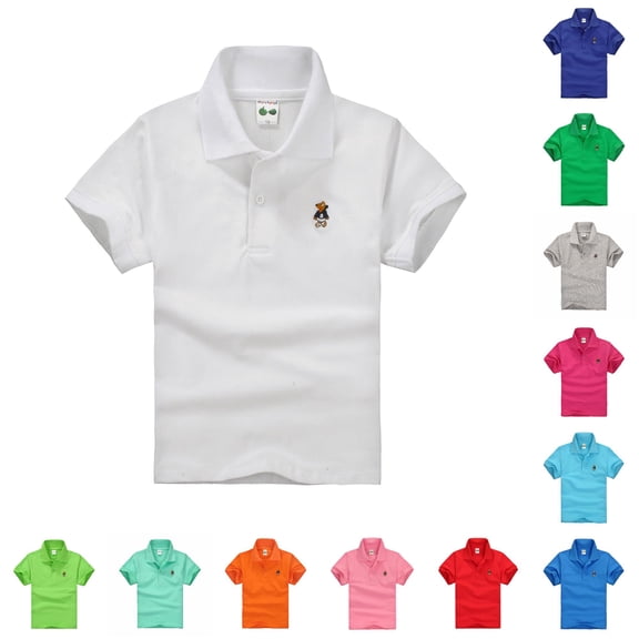 ZHOGXU Toddler Kids Boys Polo Shirt Short Sleeve Lapel Button Cartoon Embroidery Comfortable Soft Breathable Tee Top For Everyday Wear,White,18-24 Months