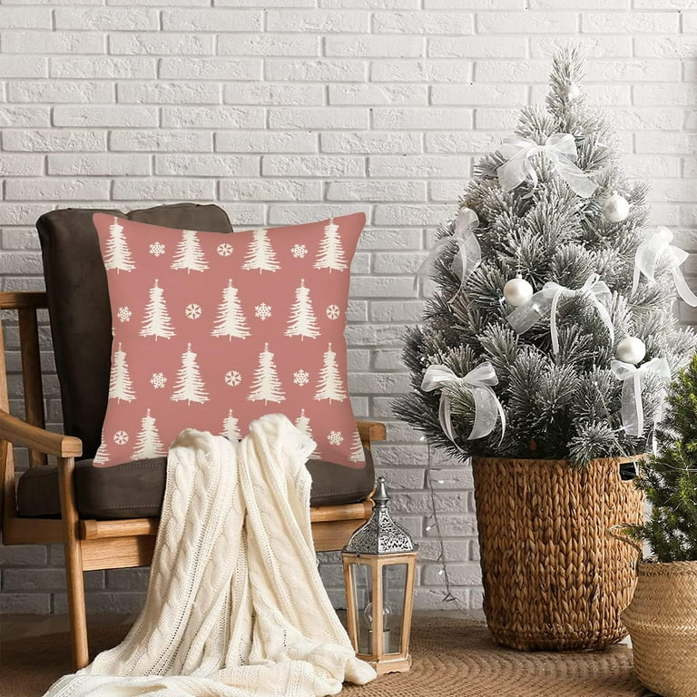 Merry Bright Christmas Tree Decor Pillow Covers 16x16 Inch Pink and White  Forest Pine Trees Xmas Throw Pillow Covers Snowflake Winter Decorations for 
