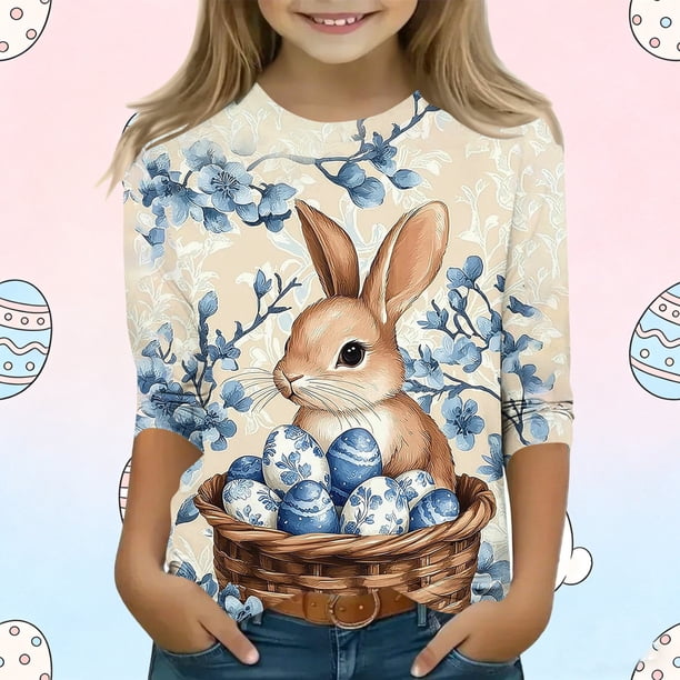 Blusas y camisas de manga larga con cuello redondo para niños con estampado de día de Pascua, manga 3/4/cuello redondo tres cuartos, camisa inferior y superior para niños, parte superior de poliéster