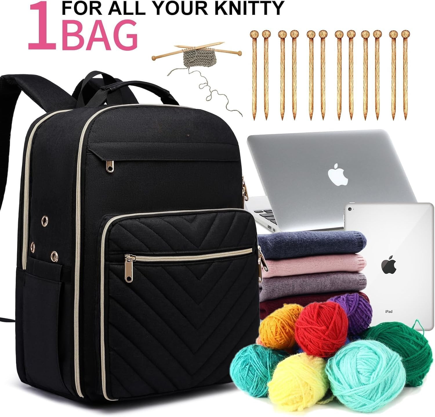 Knitting Bag Backpack, Crochet Bag Tote, Large Yarn Storage Tote Bag with USB  Port, Mothers Day Gifts Yarn Holder Case for Carrying Projects, Knitting , Yarn Supplies, Black