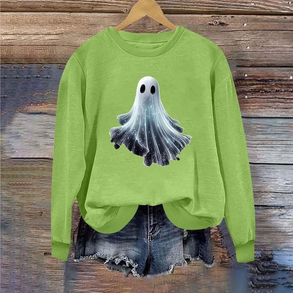 thefmos Women's Long Sleeve Halloween Print Sweatshirt Casual Festive Pullover Spooky Loose Fit Season Fall Fashion Outfit, Mint Green M
