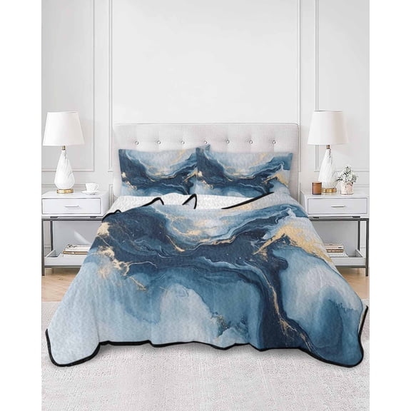 Quilts Queen Size, Navy Blue Marble Soft Comforter Bedding Set for Bed, Modern Abstract Ink Painting Lightweight Quilted Bedspread with Pillow Cover(2 Pieces) for All Season, 90x96 Inch