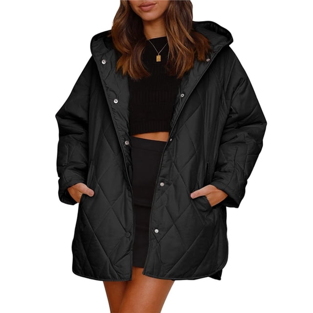 Chaquetas Largas para Mujer, Abrigo de Invierno de Moda para Mujer, Informal, de Negocios, con Capucha Acolchada de Rombos. Negro XXL