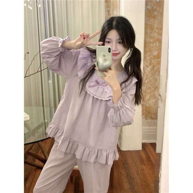Pijama de encaje estilo princesa de jacquard de algodón puro de otoño, traje holgado para mujer, ropa de casa a la moda