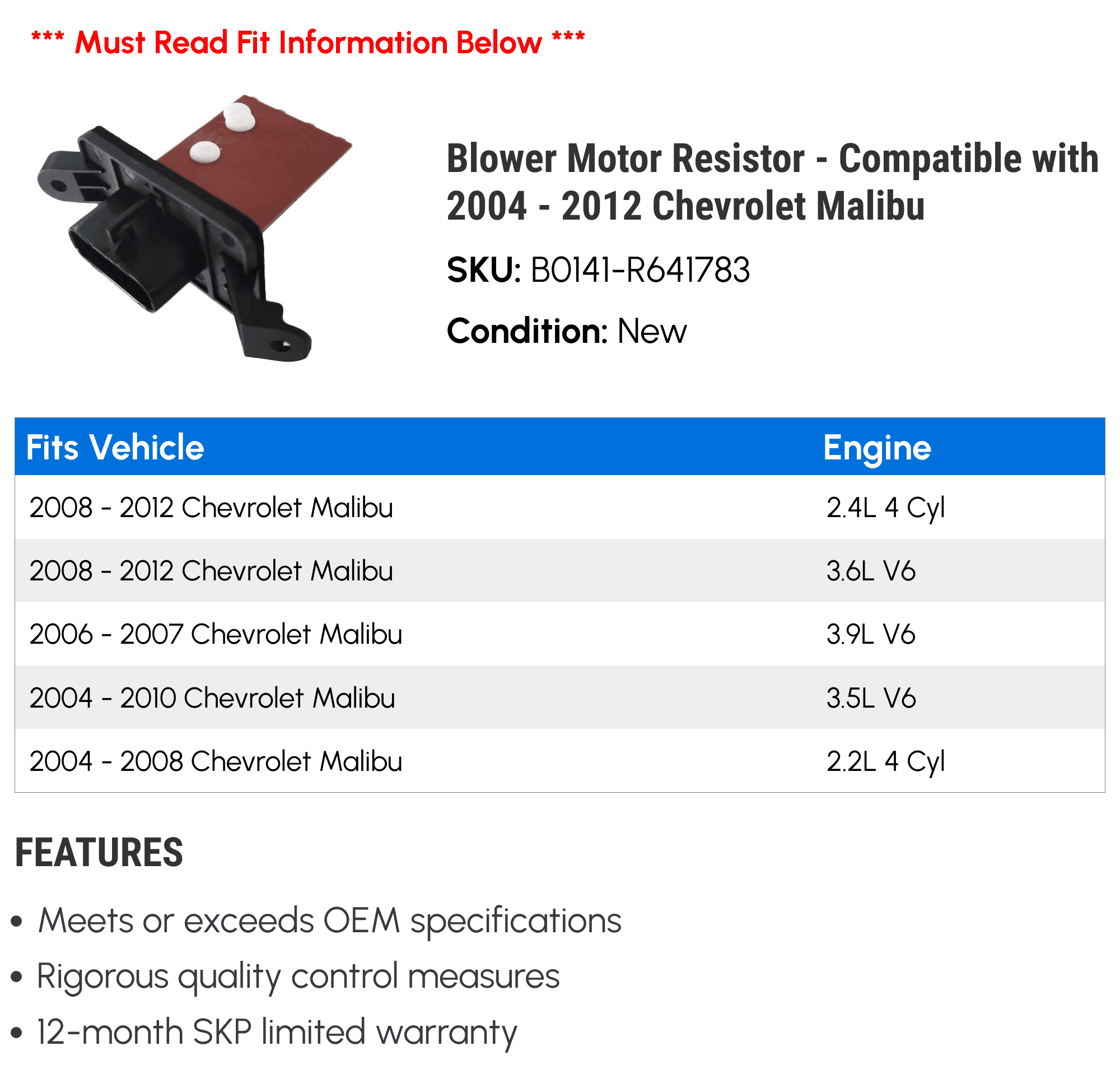 Blower Motor Resistor - Compatible with 2004 - 2012 Chevy Malibu 2005 2006 2007 2008 2009 2010 2011