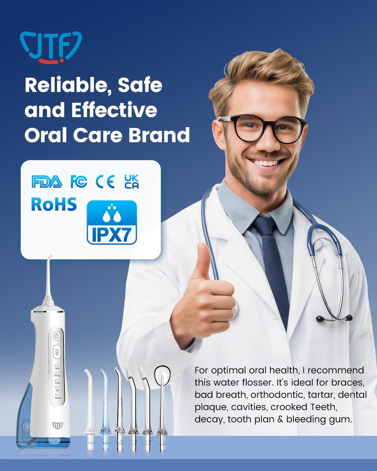 JTF Cordless Water Flosser for Teeth: 3 Modes & 10 DIY Pressure Levels Portable Oral Irrigator for Braces & Sensitive Gums with 9 Tips & 300ML Tank, Rechargeable Electric Dental Pick for Home Travel