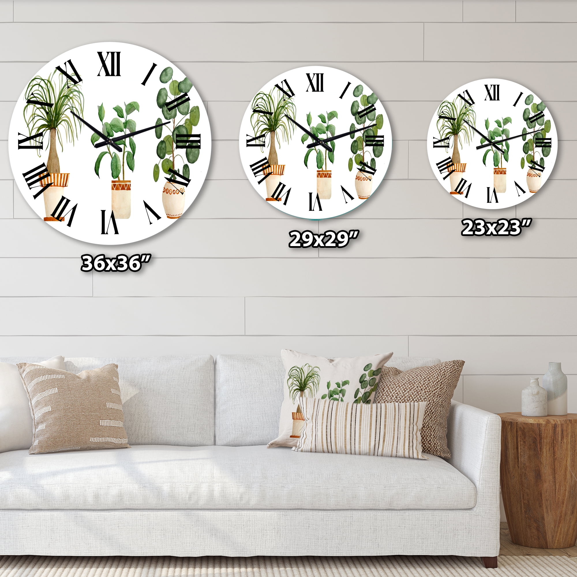 Designart 'Trio Of House Plants Ponytail Palm And Ficus' Traditional Wall Clock