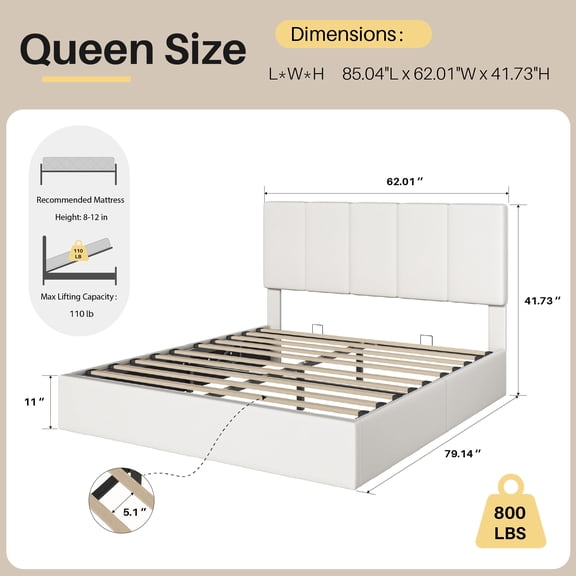 Frostbloom Queen Size Lift-Up Storage Platform Bed frame with Velvet Upholstered Headboard, Off-White