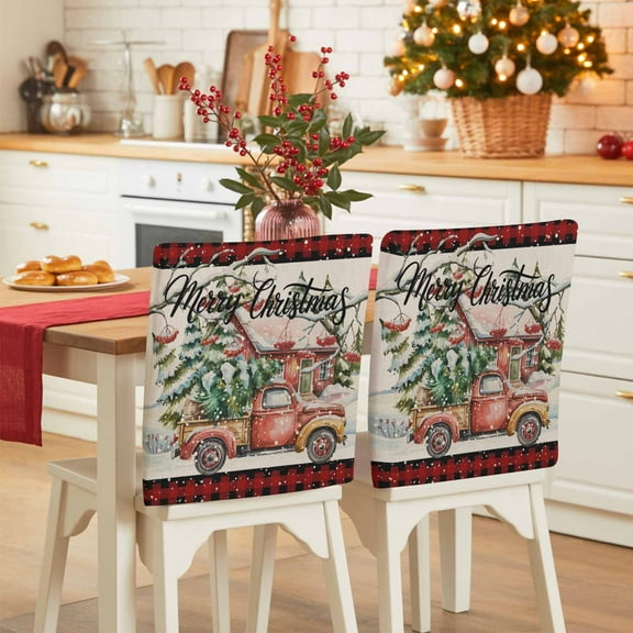 Merry Christmas Chair Covers Set of 4 Winter Truck Pine Chalet Snowflake Plaid linen Chair Back Covers Stretch Removable Washable Slipcovers Protector for Dining Room Kitchen Party Decor