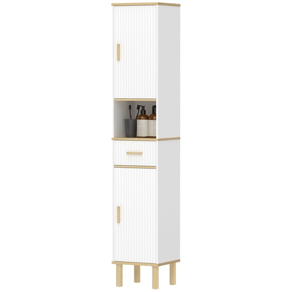 Tall Bathroom Storage Cabinet, Slim Freestanding White and Wood Floor Cabinet with Drawer, Adjustable Shelves, 12.4"W x 67.5"H, Space-Saving Organizer for Bathroom or Laundry Room