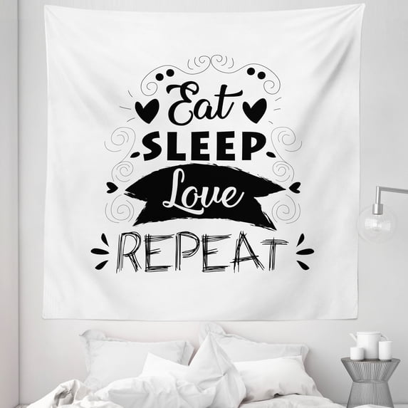 Funny Sayings Tapestry, Eat Sleep Love Repeat Lettering Monochrome Typographic Art Print, Fabric Wall Hanging Decor for Bedroom Living Room Dorm, 5 Sizes, White and Charcoal Grey, by Ambesonne