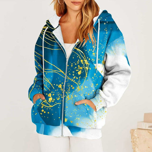 Sudadera con capucha y manga larga para mujer, informal, con estampado, de manga larga, con cremallera, con capucha, blusa y bolsillo