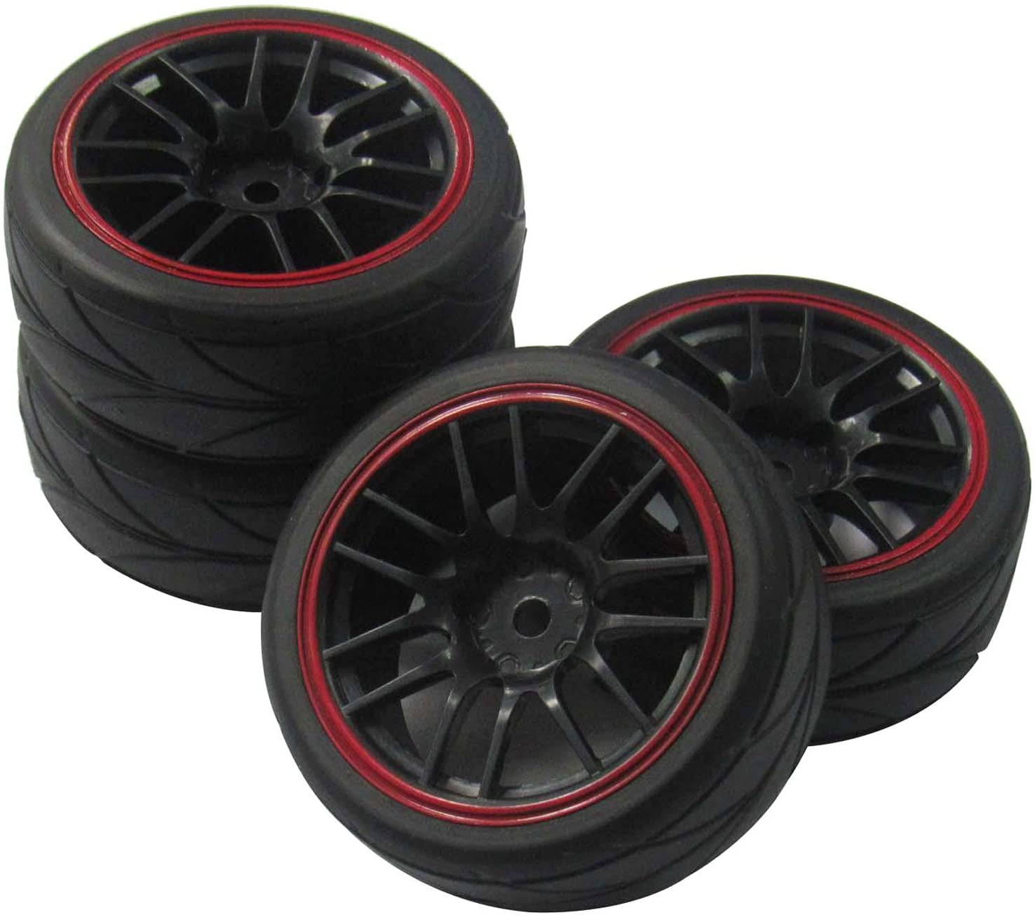 4 x Plastic Wheel Rims Black & Tyres for RC 1:10 On Road Racing Car & Drift Car 