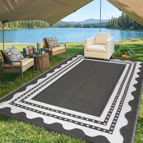 HIWEAVER Gray/White 9' x 12' Outdoor Rug PP Plastic Straw Woven Waterproof Patio Rug with Border Portable Outside Carpet for Balcony Deck Picnic Garden Decor