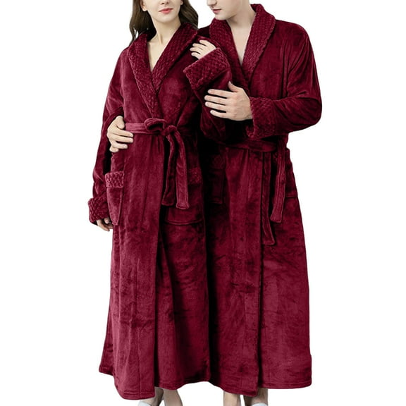 Long Robes for Women Mens Soft Plush Bath Robe Warm Bathrobes Comfy Full-length Nightgown Pajamas Sleepwear Housecoat Women Red L