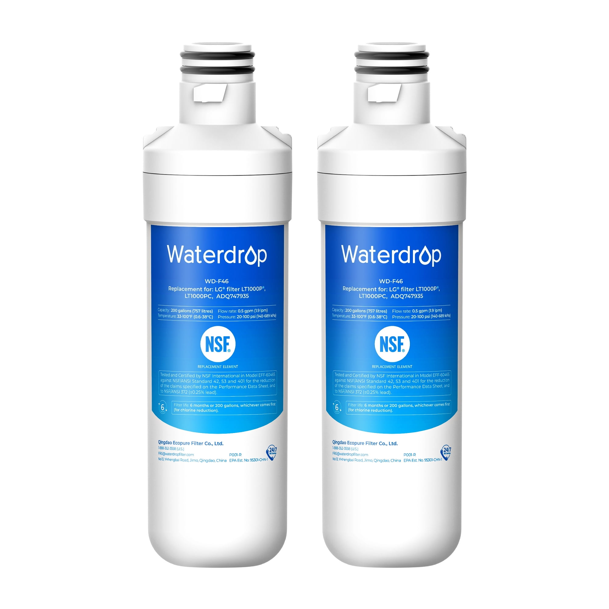 Waterdrop LT1000PC ADQ747935 MDJ64844601 Refrigerator Water Filter Reduce chlorine, bad taste and odor, Replacement for LG® LT1000P®/PC/PCS, ADQ74793501, ADQ74793502, Kenmore® 46-9980,2 Pack
