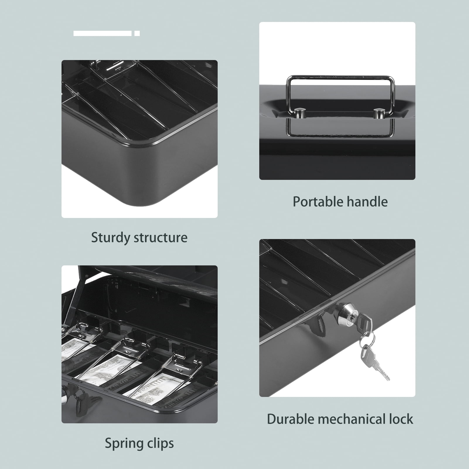 Cash Box Metal Money Box with 5 Coin Trays Cantilever Design & 4 Bill Slot with Spring Clips to Organize and 2 Keys Lock Box Suitable for Valuables 11.8x9.44x3.54in Size