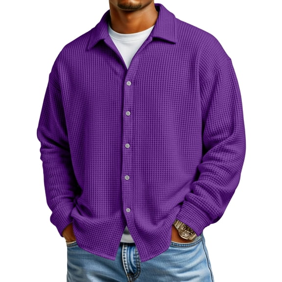 Resicozy Men's Waffle Button Down Shirts Fashion Casual Long Sleeve Jacket Lightweight Solid Color Shirt 2026 Purple 3XL