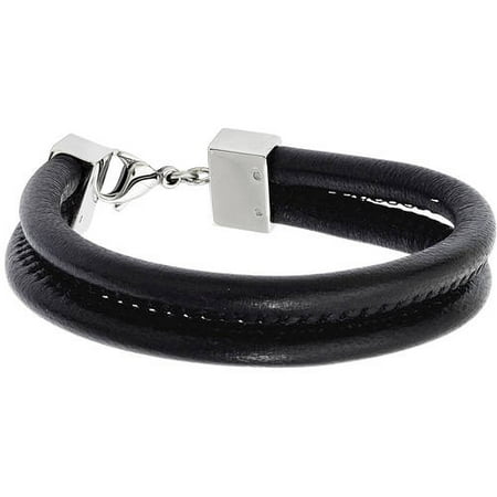 Primal Steel Stainless Steel Black Leather Double-Row Bracelet, 8.5