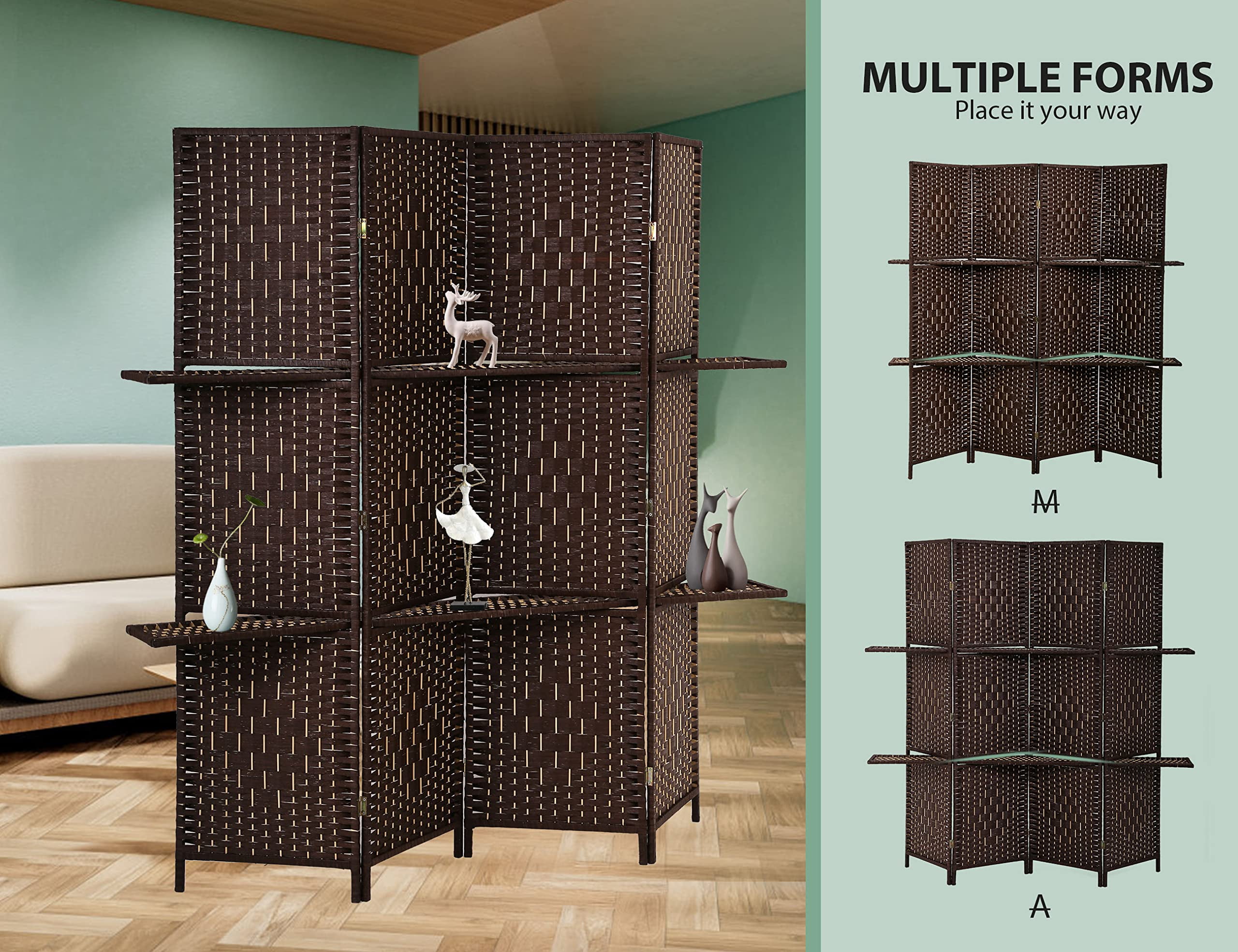 CL.HPAHKL 4 Panel Folding Wooden Room Divider, 5.88ft Tall Partition Screen with Removable Storage Shelves, Freestanding Portable Wall for Home Office Dorm Hotel, Brown