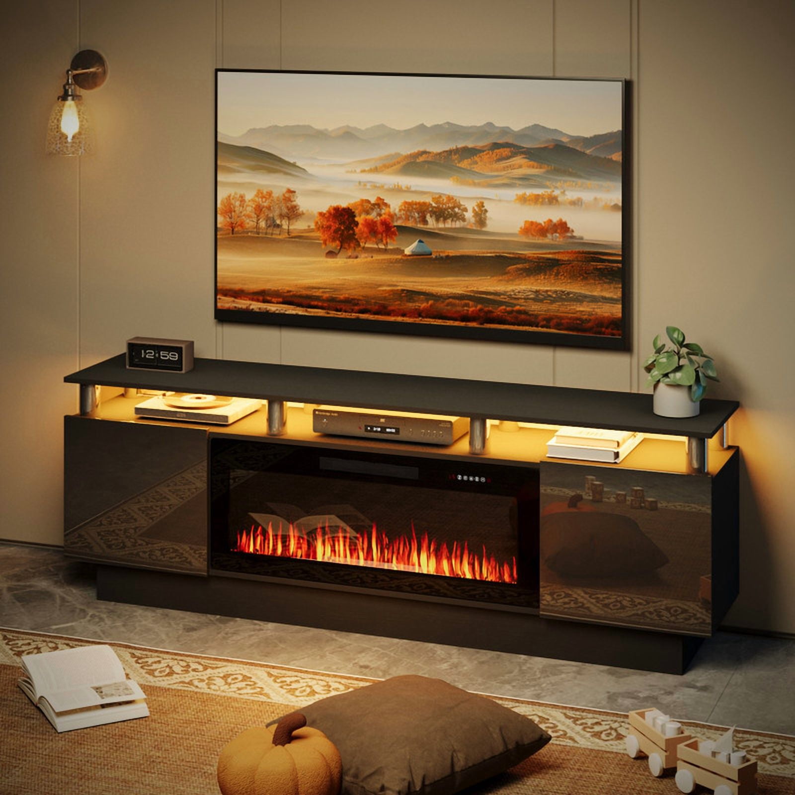 Waleaf 70" Modern Fireplace TV Stand with 36" Fireplace for TVs Up to 80", 2 Tier TV Console Stand for Living Room