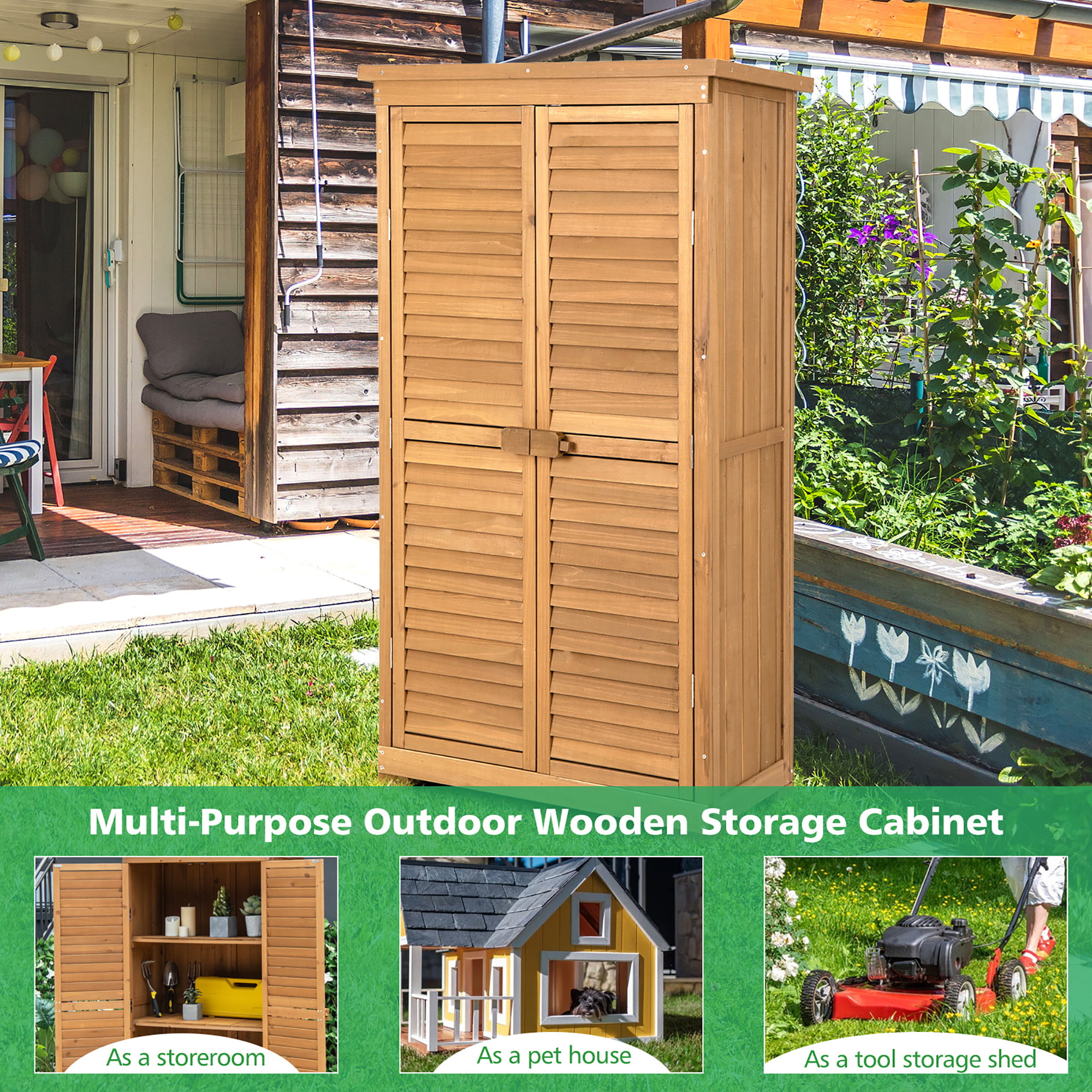 URTR Natural Outdoor Garden Storage Tool Cabinet Waterproof Asphalt Roof 2  Lockable Doors 3-tier Shelve 5.3 ft. H x 4.6 ft. L LHL-014W - The Home Depot