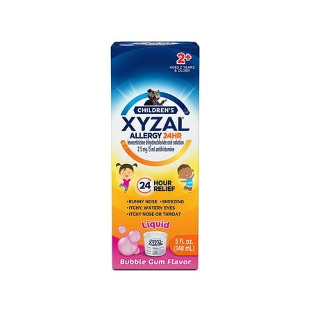 Xyzal Children's 24 Hour Allergy Relief Medicine for Kids, Levocetirizine Dihydrochloride Liquid Antihistamine, Bubble Gum, 5 Fl. oz. Twin Pack