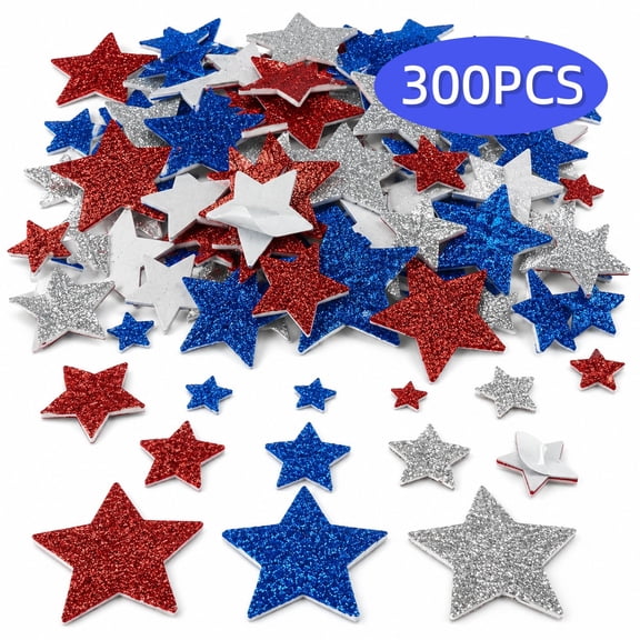 Star Stickers Patriotic Stickers 4th of July Craft Supplies Red White Blue Self-Adhesive Glitter Foam Stickers Arts Crafts for Independence Day Memorial Day DIY Party Décor 300Pcs